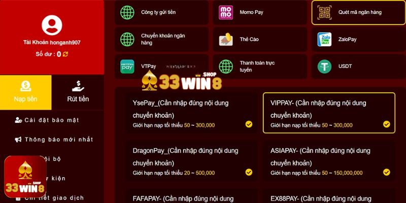 33win8: Nạp và rút tiền chỉ trong 2 phút